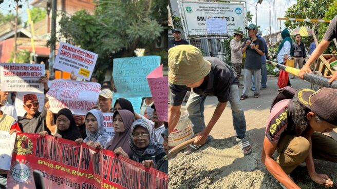 Demo SMAN 3 Tangsel Memanas, Warga Benda Baru Geruduk Sekolah hingga Tutup Aksaaes Jalan. Foto:Andre Pradana/Tangselife.com