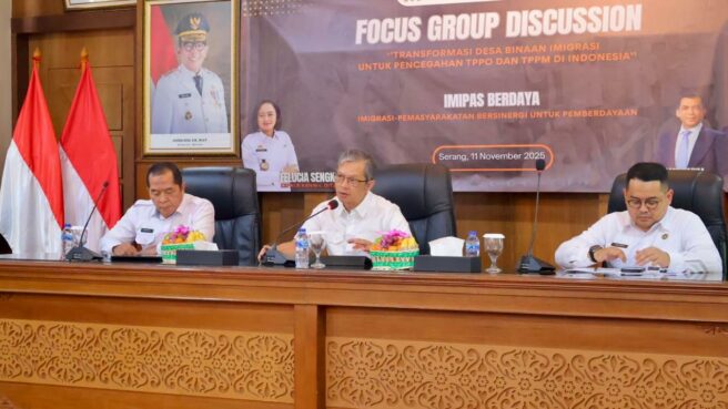 Imigrasi Banten menggelar FGD bertema “Optimalisasi Desa Binaan Imigrasi dalam Pencegahan Tindak Pidana Perdagangan Orang (TPPO) dan Tindak Pidana Penyelundupan Manusia (TPPM)”, yang digelar di Gedung Negara, Pendopo Lama Gubernur Banten.